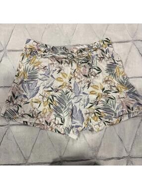 C&C California Shorts Floral Linen Blend Size 12 Belted Tie Waist Pull On Pocket